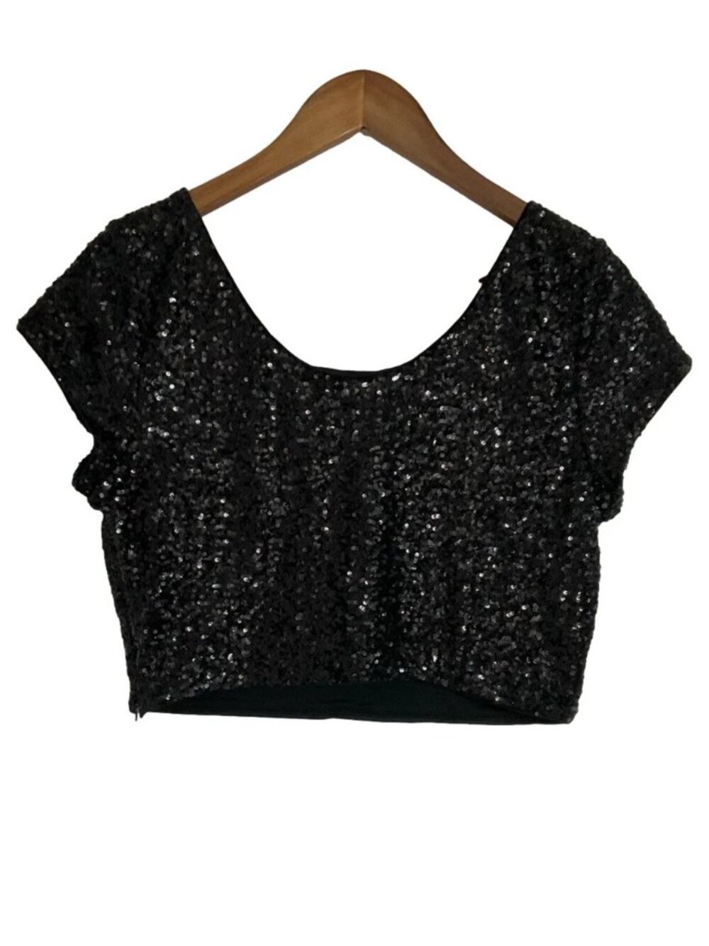 Express Black Sequin Cropped Top Womens Size XS Side Zip Short Sleeves